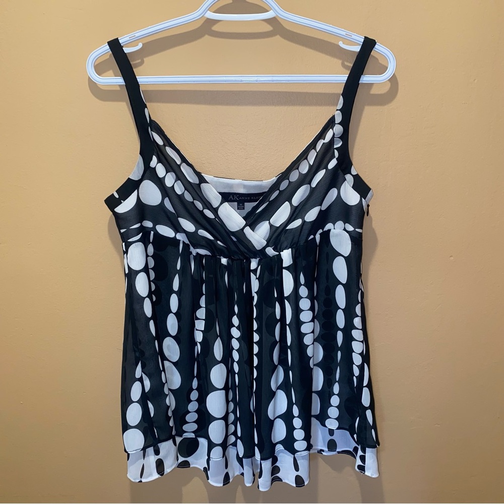 ANNE KLEIN Polka Dot Print Tank Top Black White Double Lined V Neck Blouse